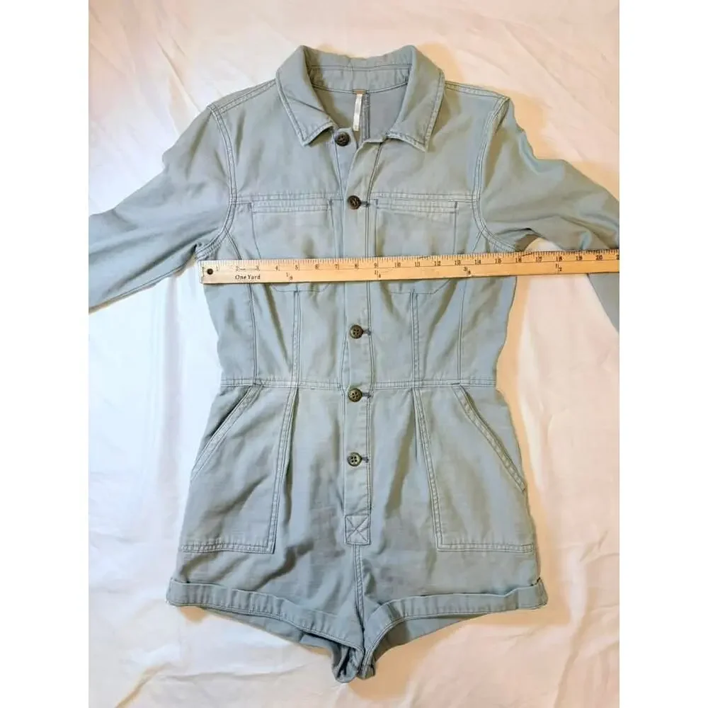 Free People Womens XS Gray Utility Romper Long Sleeve Button Front Pockets